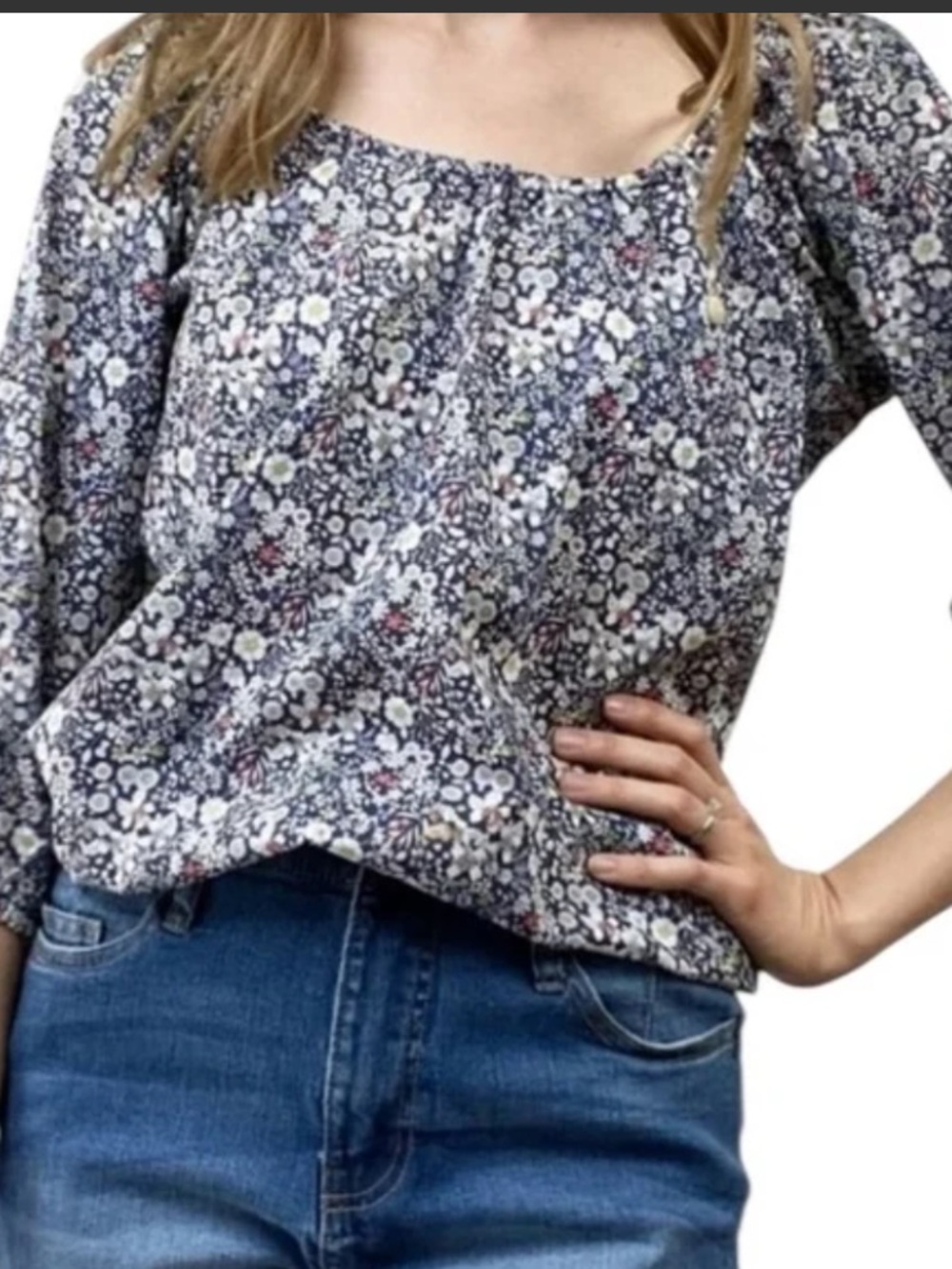 J. Crew Navy Floral Scoop-Neck Blouse with blue and white accents in size small